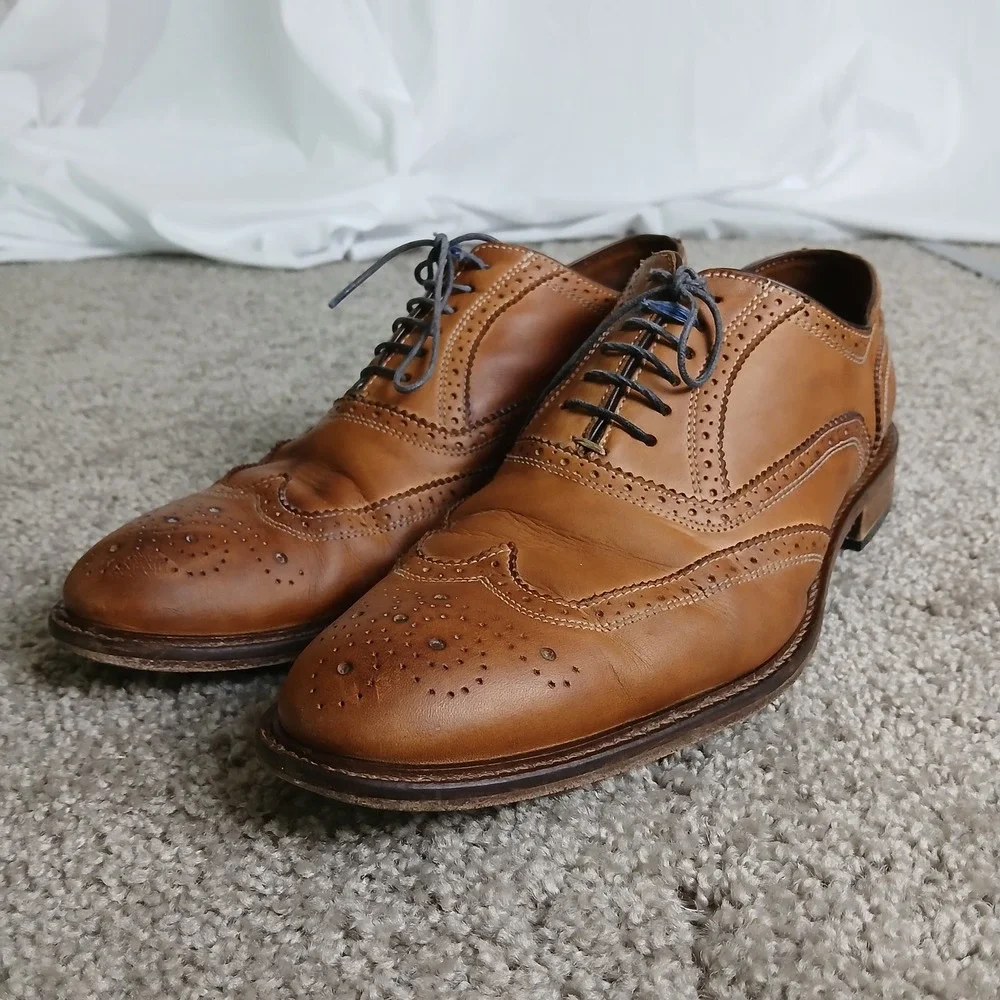 Cuoio Mens Tan Leather Wingtip Brogue Oxford Dress Shoes Made in Italy 6650 10M